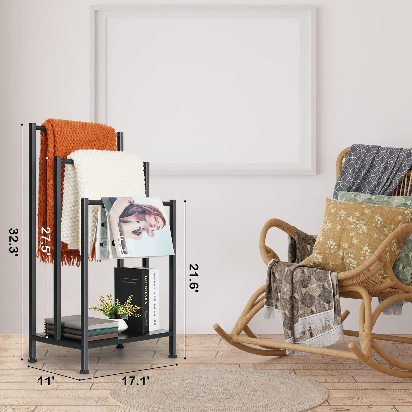 Free Standing Blanket Ladder Holder Rack, 3 Tier Black Metal Towel Racks Stand with Wooden Storage Shelf, Multipurpose Towel Drying Holder stand for Bath & Blanket, Washcloths, Tub or Shower Organizer
