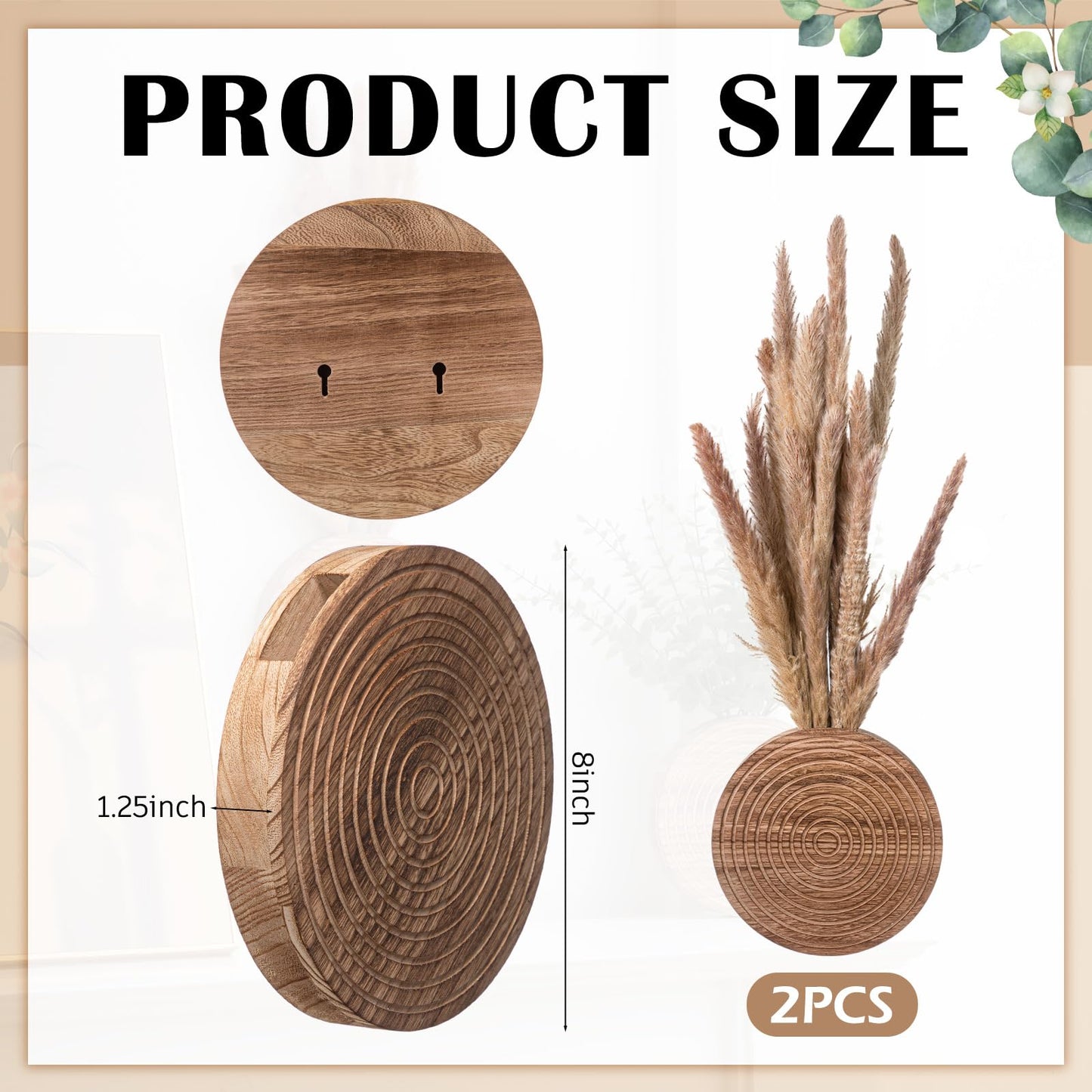 Teecyhooo 2 Pack Round Wooden Wall Vase Indoor Plants Hanging Boho Modern Farmhouse Wall Art Decor for Living Room, Bathroom Entryway, Hallway Fake Flower Plants