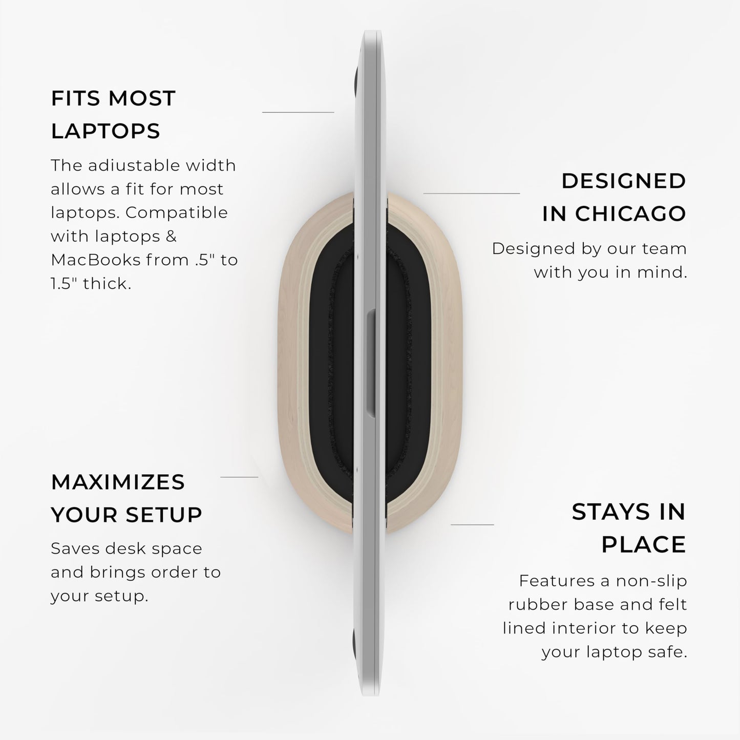 HumanCentric Vertical Laptop Stand in Maple Wood, Upright Adjustable Holder and Dock, Laptop Vertical Stand Fits MacBook Pro and Other Laptops .5" to 1.5", Clamshell Compatible
