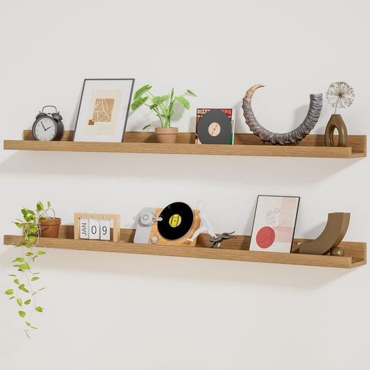 Heimlove Picture Ledge Shelf,48 inch Long Floating Shelves for Wall Set of 2,Picture Shelf with Lip for Wall Decor,Living Room,Bedroom,Bookshelf,Nursery,Perfume,Oak Color