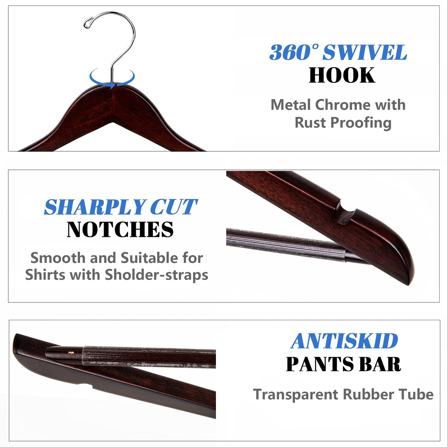 Amber Home 20 Pack Wooden Coat Hangers, Walnut Wood Suit Hangers with Non-Slip Pant Bar, Clothes Hangers for Closet Organization, Shirts, Jackets, Dresses, and Pants (Walnut, 20)
