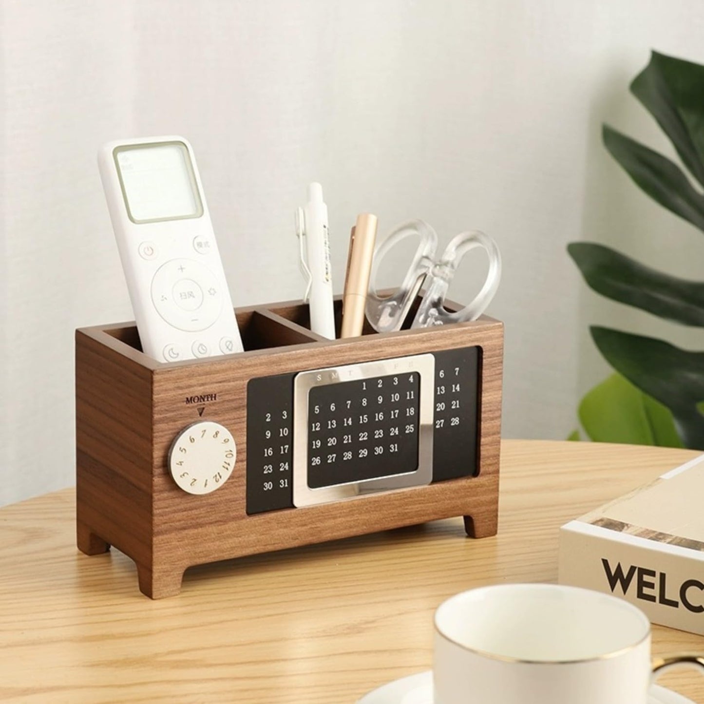 HELAIMAY Wooden Calendar Pencil Pen Holder, Desk Organizer with 2 Slots, Multifunctional Stationery Holder for School Home Office Supplies, Walnut Color, 1 Piece