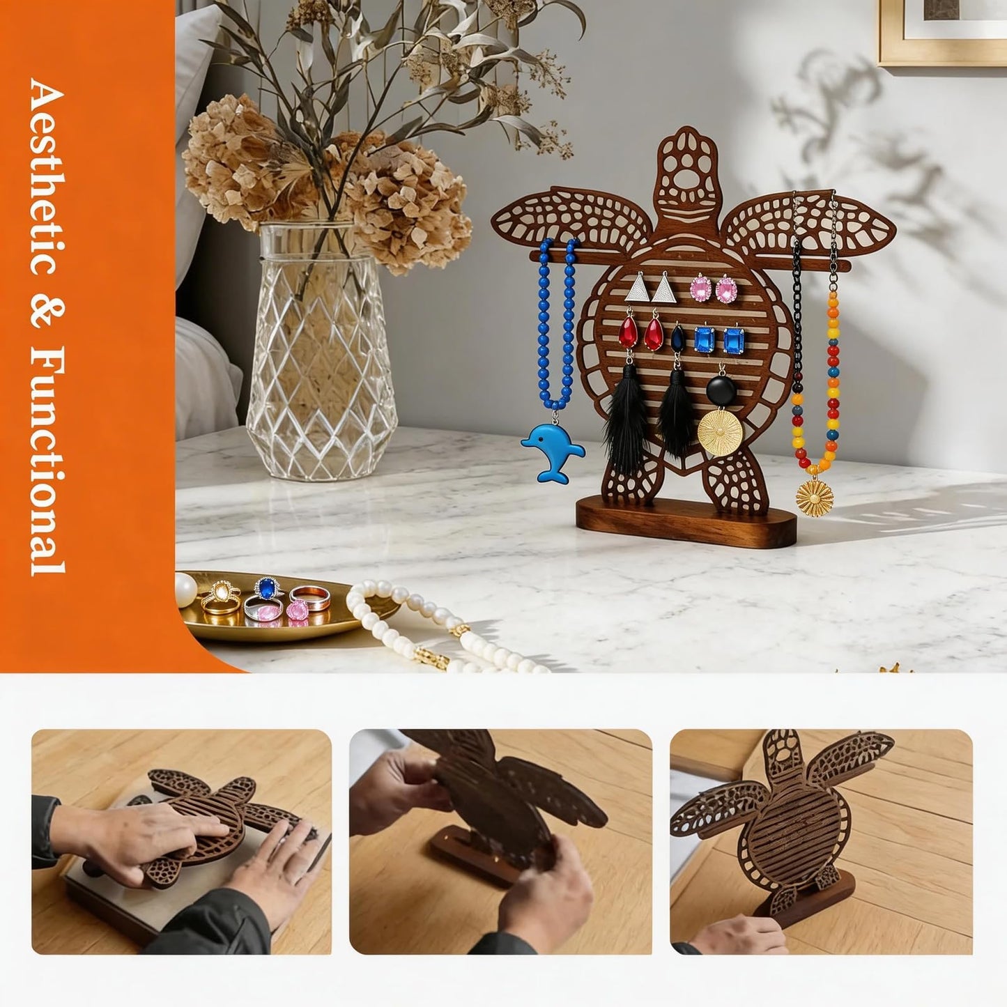 Cxomnndiw Cute Turtle Wooden Jewelry Holder Stand,Wall-Mounted Earring Holder Organizer for Necklaces, Bracelets & Earrings,Unique Home Decor,The Preferred Choice for Gift-Giving