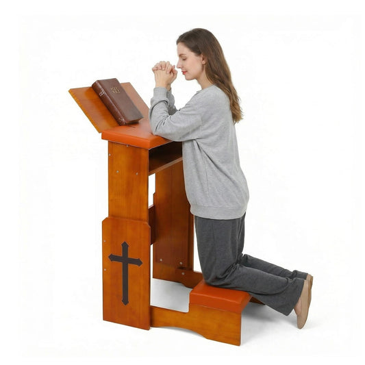 Fanwer Folding Prayer Bench for Home Use - Adjustable Wooden Kneeler for Prayer & Meditation, Compact Kneeling Altar with Bookshelf for Church, Chapel, or Personal Devotion
