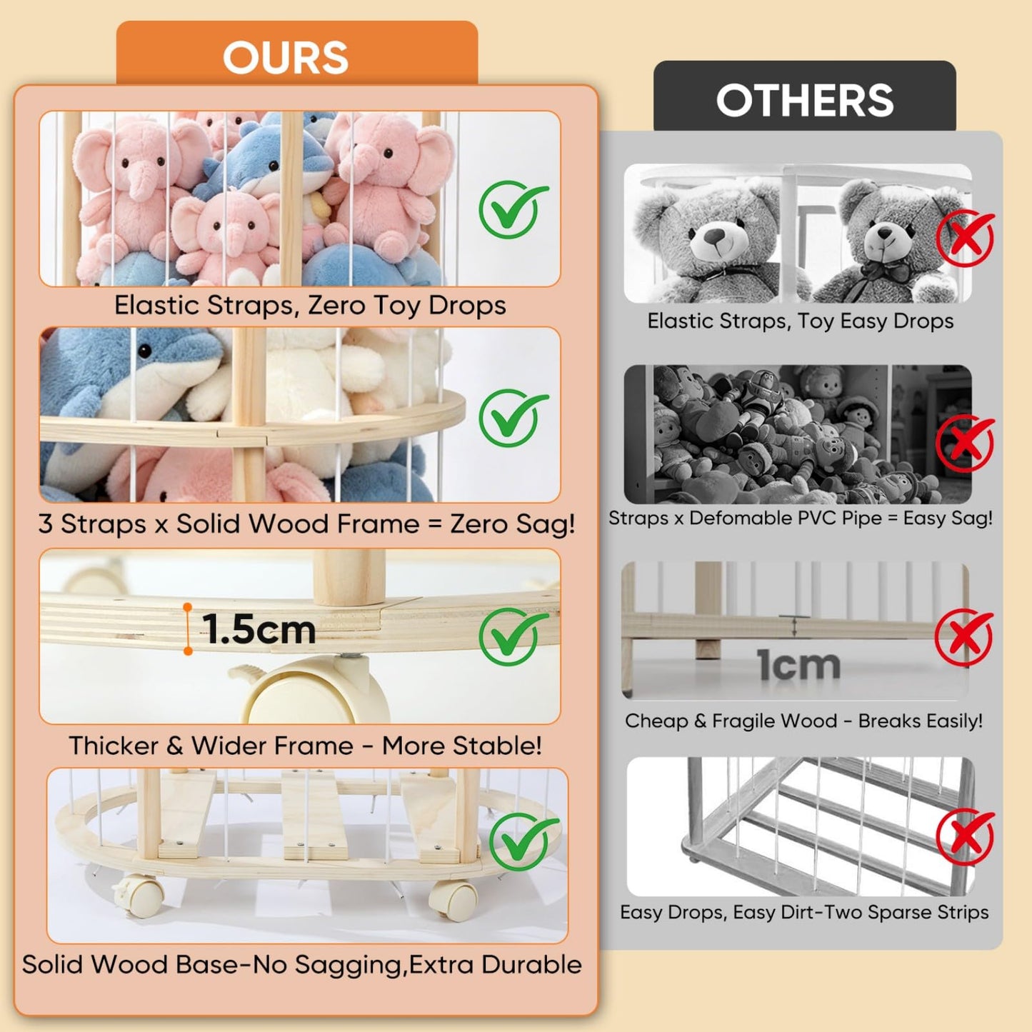Singda Stuffed Animal Storage, Wooden Zoo Stuffed Animal Holder with Wheels & Elastic Bands, Space Save Toy Storage Organizer with Extra-Thick Base for Kids' Room, Playroom, Nursery - 37"