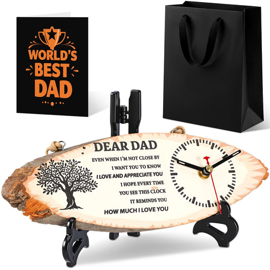 Kenning 3 Pcs Dad Gifts for Fathers Day from Daughter Son, Daddy Birthday Gifts Includes Wooden Clock, World's Best Dad Card and Black Gift Bag for Daddy Papa Fathers Day Present