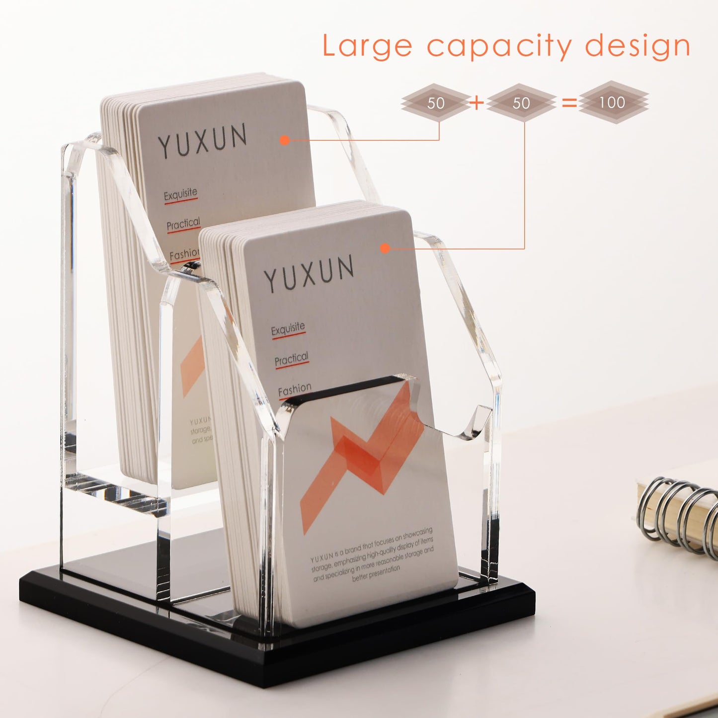 YUXUN Black Business Card Holder for Desk-2 Tiers 2 Slots, Vertical Acrylic Business Cards Holder for Women Men, 100+ Business Cards, Multiple Business Card Display Stand for Exhibition, Home, Office