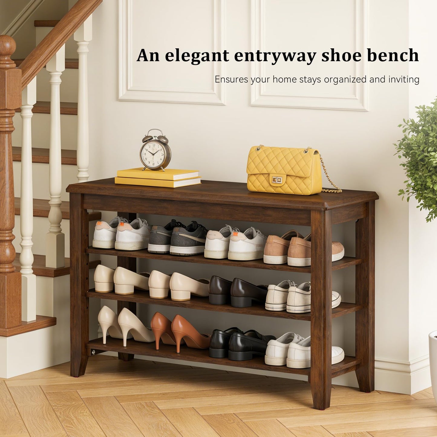 Taitiy Shoe Bench Storage Rubberwood, Entryway Bench with 3-Tiers Height Adjustable, Shoe Rack Front Door Entrance Organizer for Hallway Living Room, Mudrooms, Walnut,31.5"