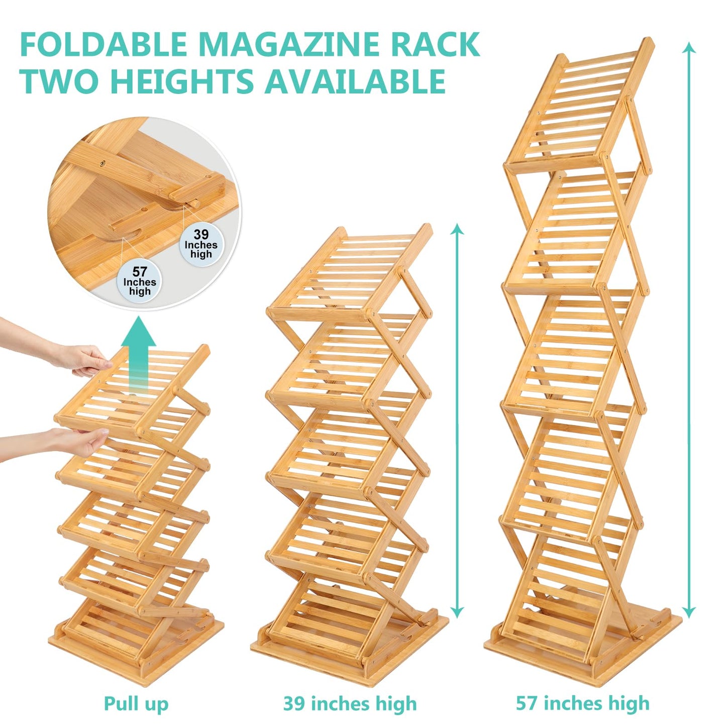 Choowin Foldable Magazine Rack Floor Stand Brochure Display Stand Literature Display Rack Holder Bamboo Wood Magazine Rack for Home Office Retail Display Exhibitions Trade Show Portable 5 Pockets