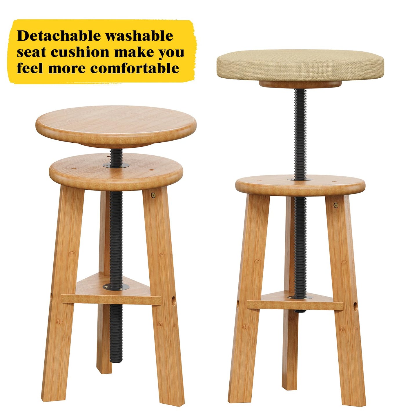 Trironsun Adjustable Height Bamboo Drafting Stool with Canvas Padded Seat 19"–26" Swivel Drafting Chair for Drawing, Painting, Office, Kitchen, or Home Studio Natural Finish