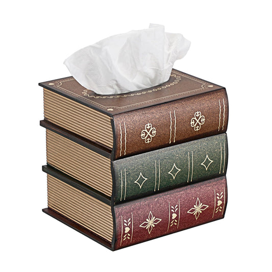 Hoowen Antique Wooden Book Tissue Holder, Square Tissue Box Cover Decorative Cube Cube Tissue Dispenser Case Retro Vintage Napkin Holder Home Decor for Bathroom Bookshelves Library Office