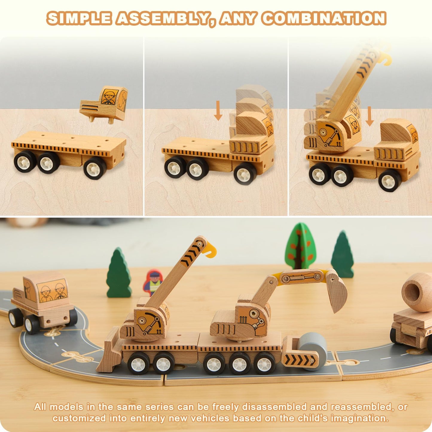 Udeas 6-Piece Wooden Construction Vehicle Toys Set with Bulldozer, Excavator, Crane, Dump Truck – Montessori Toddler Toys Ages 2-4, All-Natural Safe Push & Go Gift for Boys & Girls