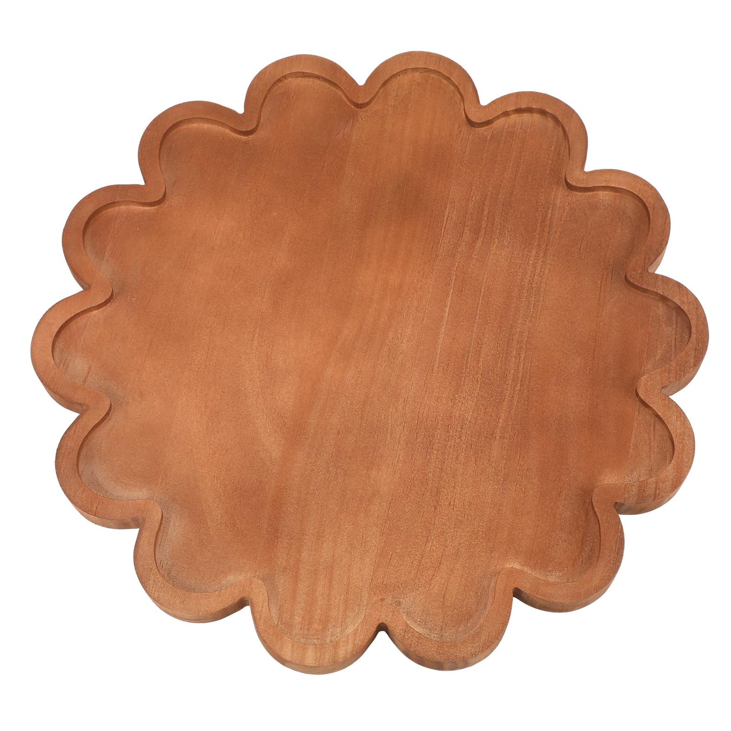 BreezeHug Brown Decorative Serving Tray Wood 12.6 Inch Scalloped Serving Tray Round Wooden Display Plate with Scalloped Borders for Coffee Table Living Room Bedroom Entryway Decoration