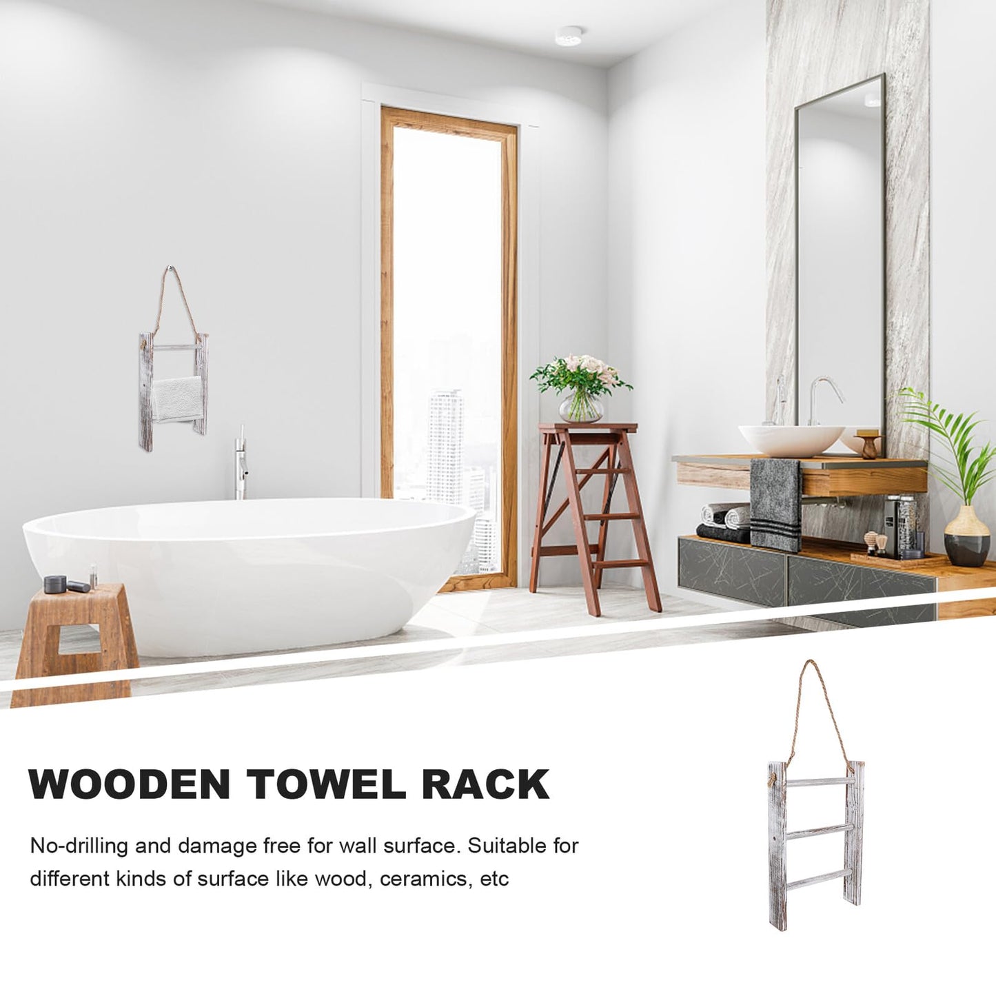 BESPORTBLE Rustic Wooden Towel Ladder Rack Bathroom Storage Rack with Rope Lightweight Timber Towel Holder Washcloths and Decorative Quilts Multipurpose Bathroom and Kitchen Organizer