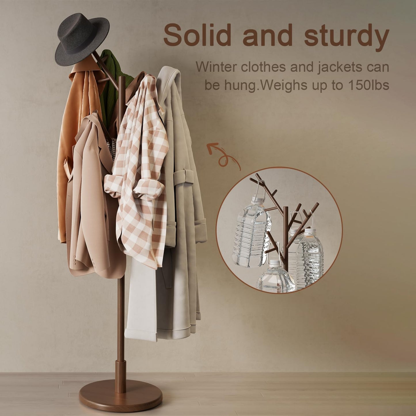 Muwuele Coat Rack, Solid Wood Coat Rack Freestanding With 12 Hooks, Coat Tree Freestanding Heavy Duty 3 Adjustable Heights For Coat, Hats, Handbags, Coat Hanger Stand For Entryway, Bedroom, Walnut