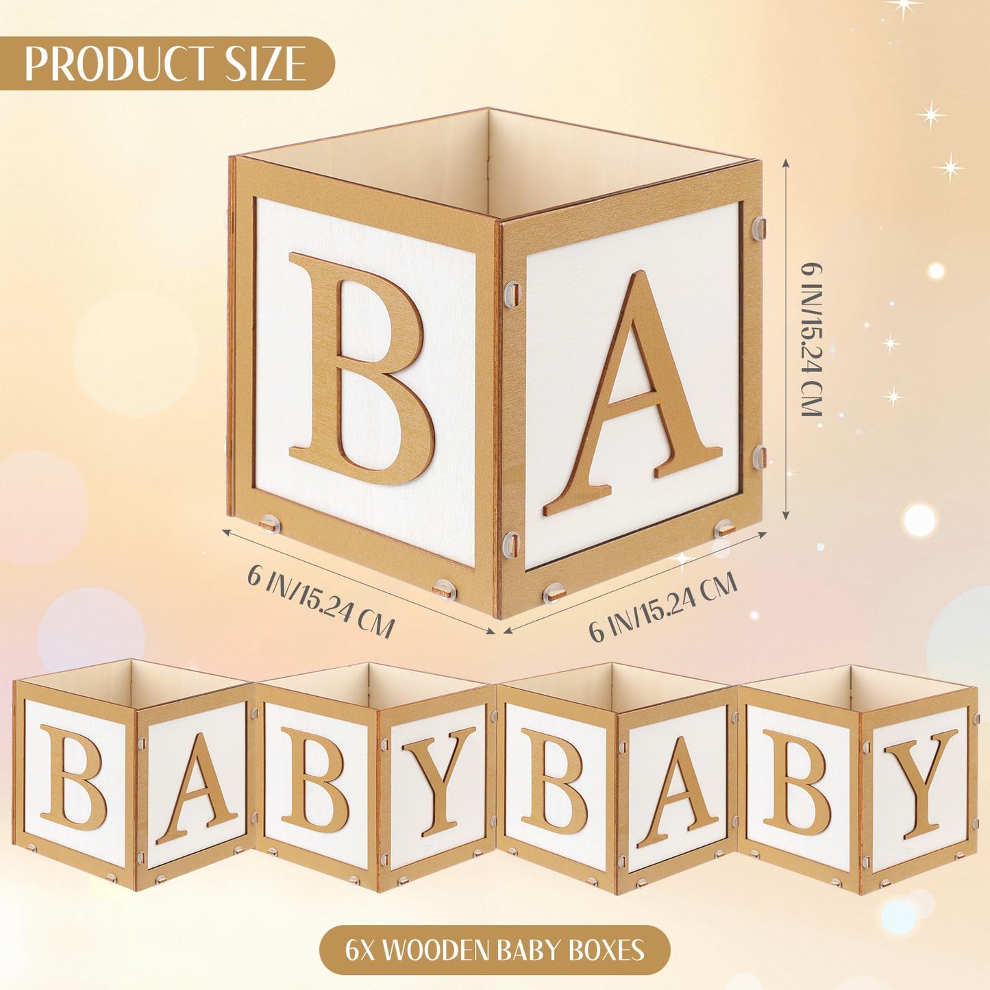 SiliFine 6 Set Baby Shower Centerpieces for Tables 6 Inch Wooden Boxes with Baby Letters Cube Planter Vase Blocks for Gender Reveal Party Decor (Floral,Gold)