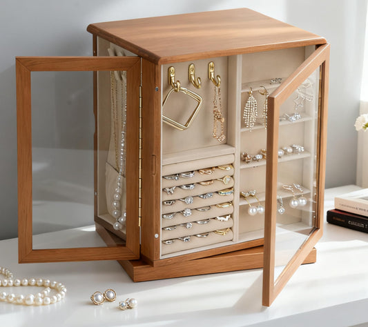 Clasin Home 5 Layer Jewelry Box 360 Rotating, Large Jewelry Organizer for Women with Glass Window for Ring Earrings Necklace Bracelet, Durable Solid Wooden Jewellery Box Vintage Style for Gifts
