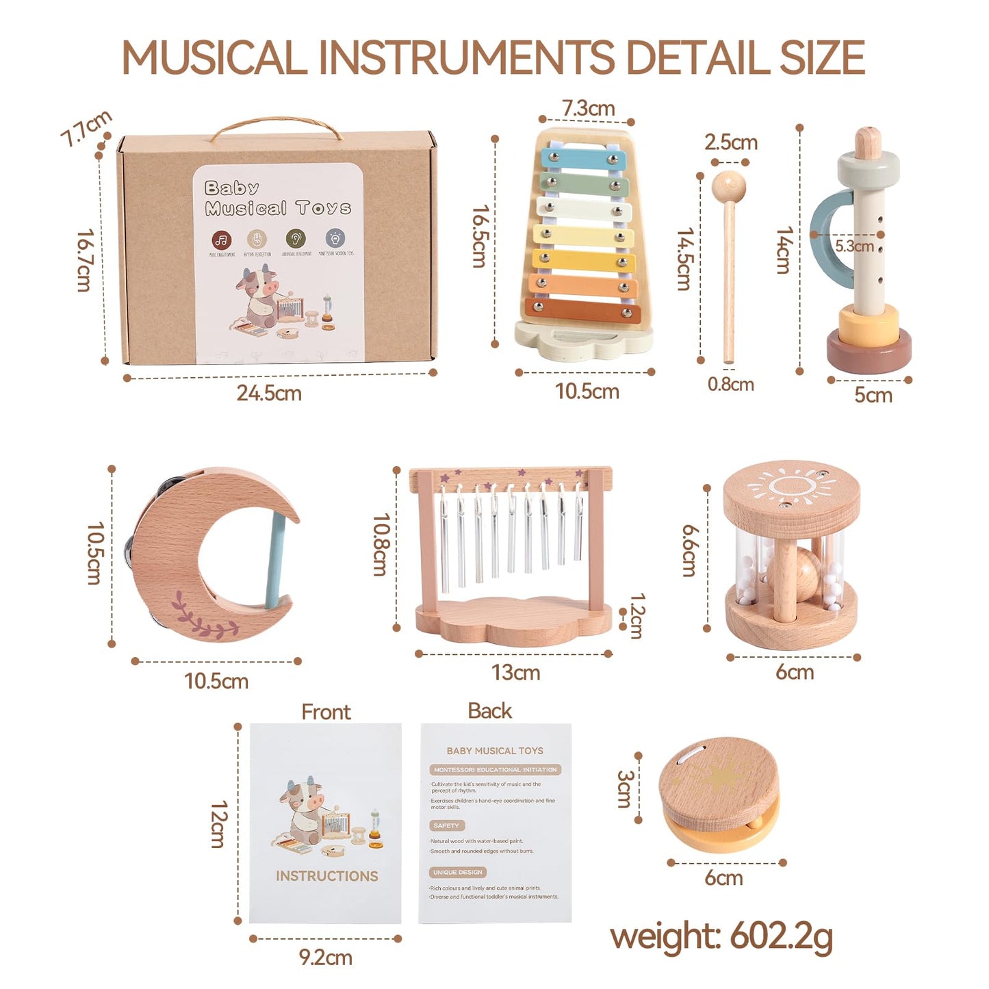 Promise Babe Wooden Xylophone Musical Instrument Sets Toy for Kids, Rattle Bell Montessori Cloud Toddler Music Percussion Toys, Christmas Birthday Gifts for Boys Girls 3 Year+