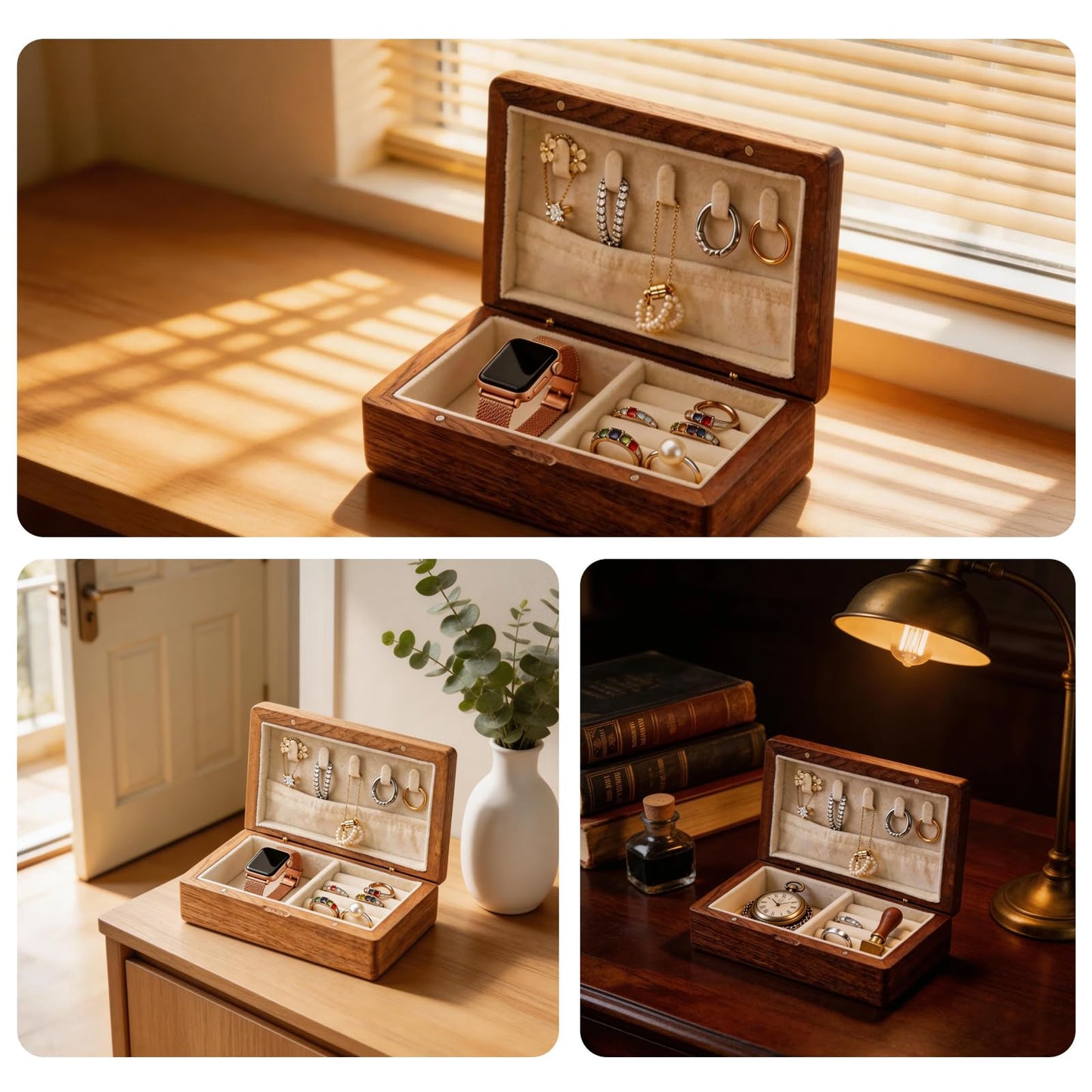 Cxomnndiw Small Wooden Jewelry Box | Versatile Mens Jewelry Box with Earring & Ring Organizer for Travel & Vanity Display