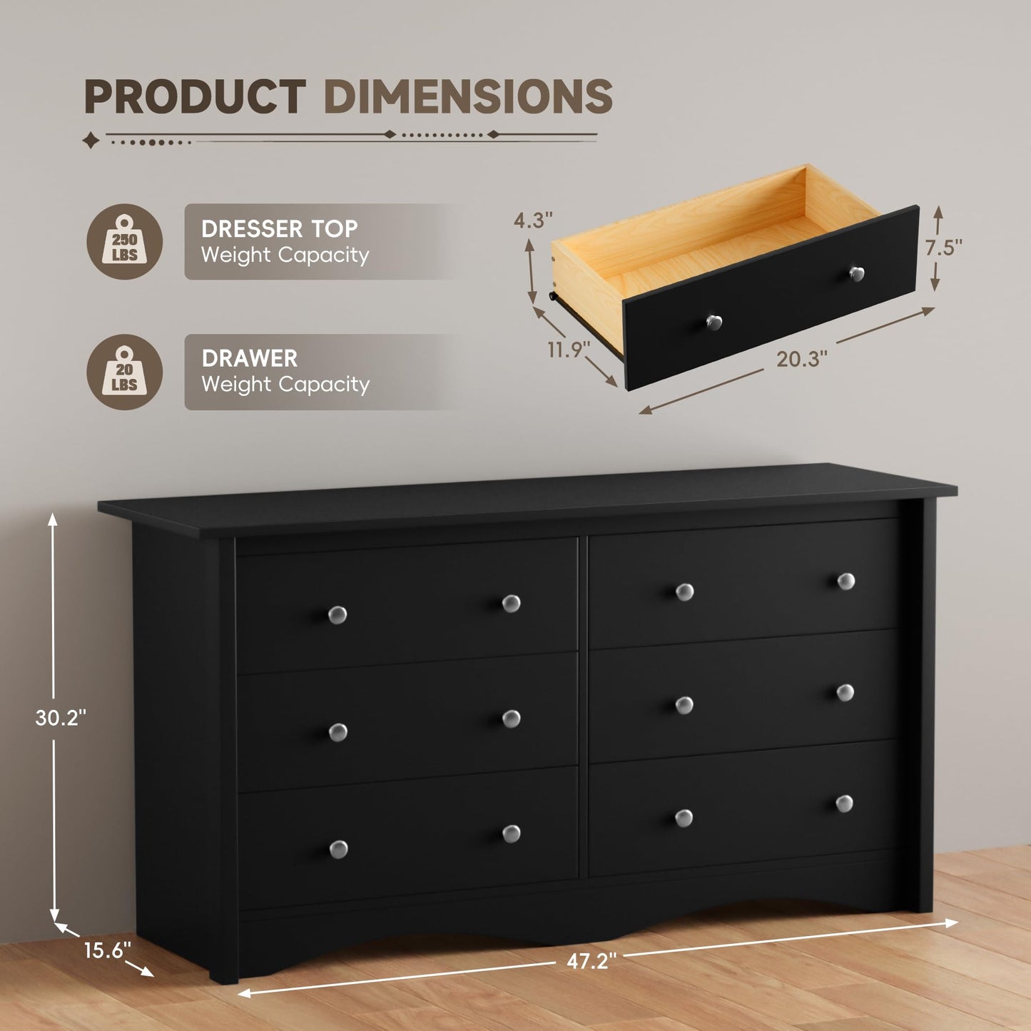 Furmax Dresser for Bedroom, 6 Wood Dresser, Chest of Drawers, for TV up to 65 inch, TV Stand Storage Chest of Drawers for Hallway Entryway (Black)