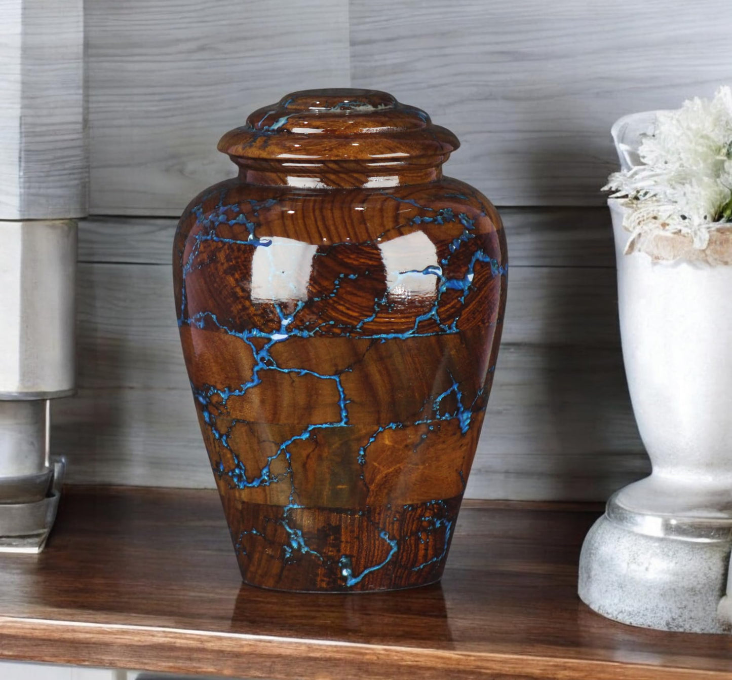 Rosewood Cremation Urns for Human Ashes Adult Male Female, Wooden Urns for Pets Ashes (Large - 200 lbs, Blue Resin)