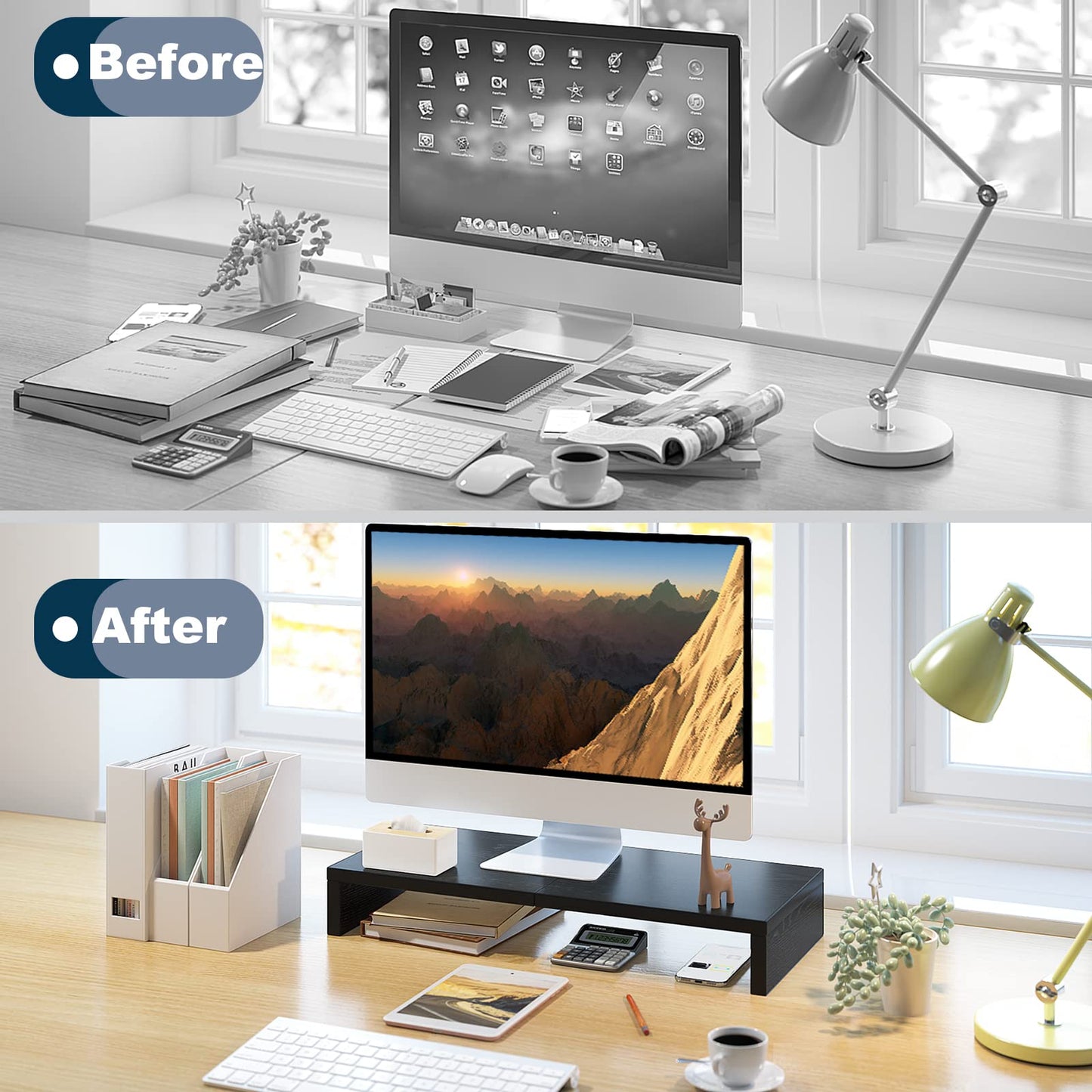 TEAMIX 20 inch + 14.2 inch Black Monitor Stand Riser, Wood Monitor Stand for Desk TV/Screen/PC/Printer/Laptop Riser, Computer Stand with Keyboard Organizer, Desktop Shelf, Monitor Riser .