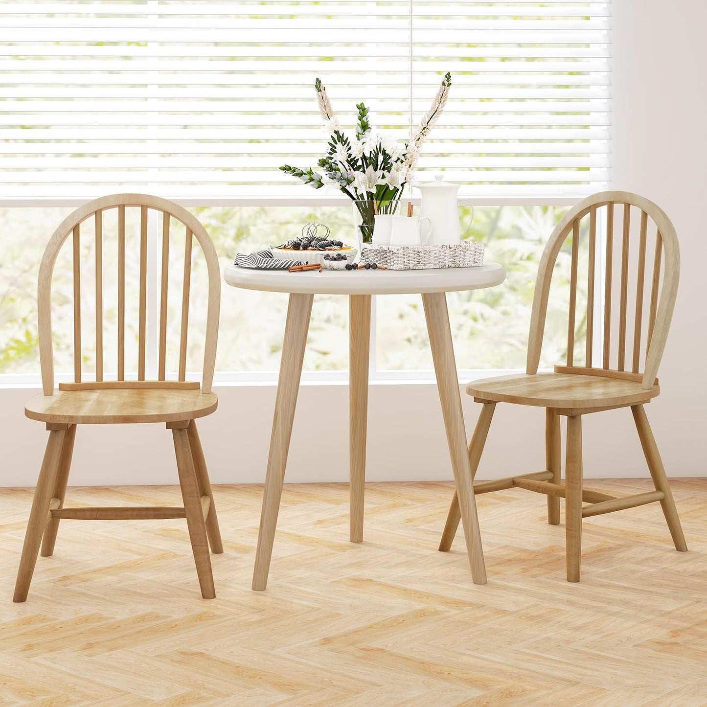HAPPYGRILL 2 Pieces Wooden Dining Chairs Set, Vintage Armless Windsor Chairs, Kitchen Dining Chairs with Backrest, Natural