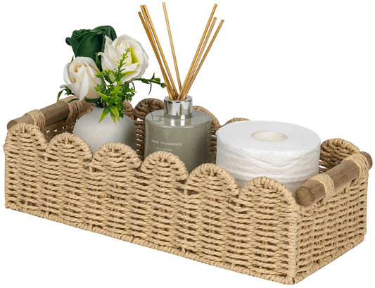 CubesLand Scalloped Edge Toilet Paper Storage Basket, Living Room Home Cozy Decor Basket, Paper Rope Small Baskets for Over Toilet Storage Shelf, End Table, Shelves, with 2 Wooden Handles, Beige