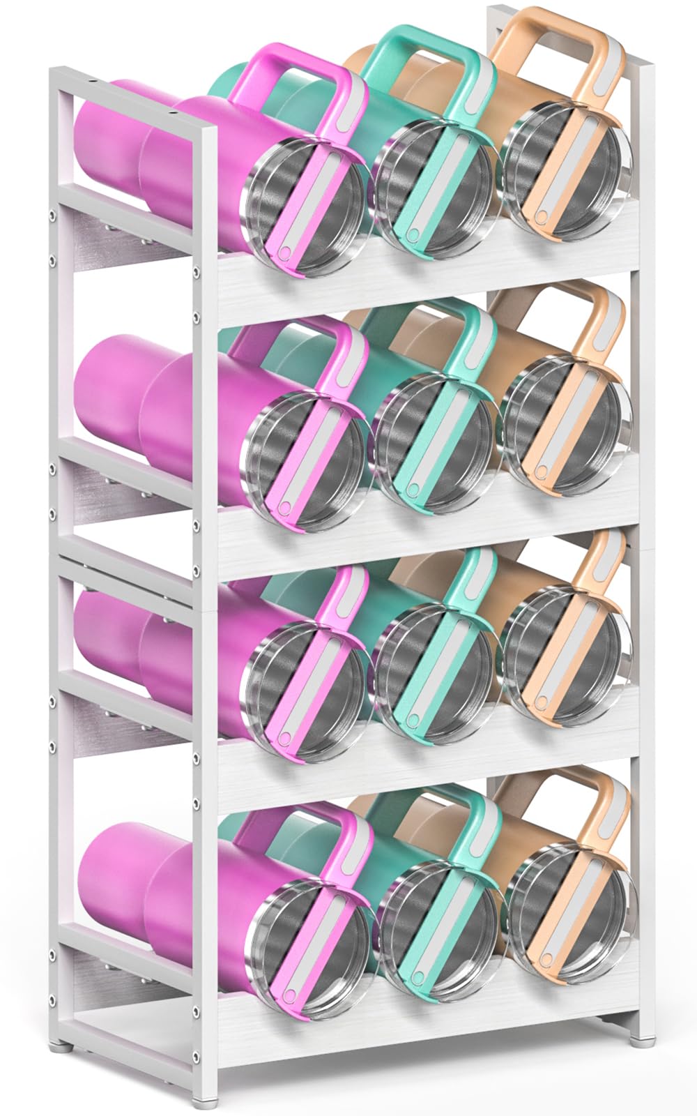 Kssiaz Wooden Water Bottle Organizer, 20/30/40oz Tumbler Organizer, Bottle Holder for Owala/Yeti/Stanley, Kitchen Pantry Water Bottle Storage Rack for Cabinets, Wood Wine Rack, 4 Tier Hold 12