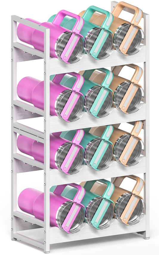 Kssiaz Wooden Water Bottle Organizer, 20/30/40oz Tumbler Organizer, Bottle Holder for Owala/Yeti/Stanley, Kitchen Pantry Water Bottle Storage Rack for Cabinets, Wood Wine Rack, 4 Tier Hold 12
