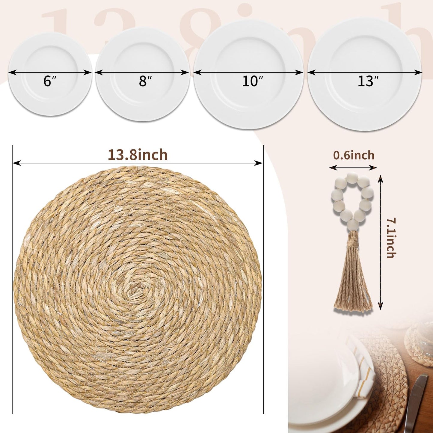 LIANJINGDENG Woven Placemats Set of 6, 13.8 Inch Round Natural Water Hyacinth Rattan Placemats with Wooden Beads Napkin Rings for Farmhouse Dining Table Decor, Thanksgiving Halloween Christmas