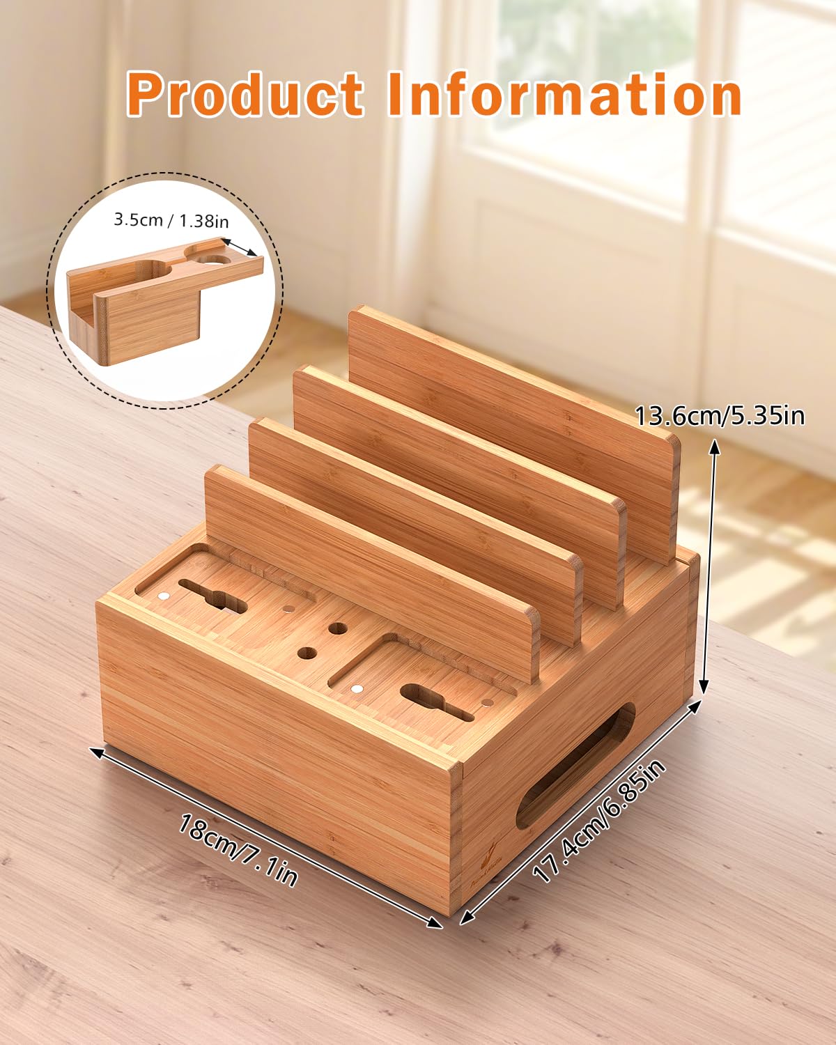 Pezin & Hulin Bamboo Charging Station for Multiple Devices, with Power Charger, Wire Cables 5 Pack, Compatible with Multi Phones & Tablet, for Earbuds & Smart Watch