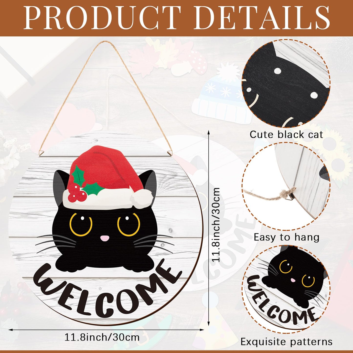 BrightRow 16 Pcs Interchangeable Welcome Sign Set for Front Door, Wooden Black Cat Welcome Sign with 15 Headwear, Farmhouse Decor for Porch, Halloween, Christmas, Housewarming Gift, Cat Lovers