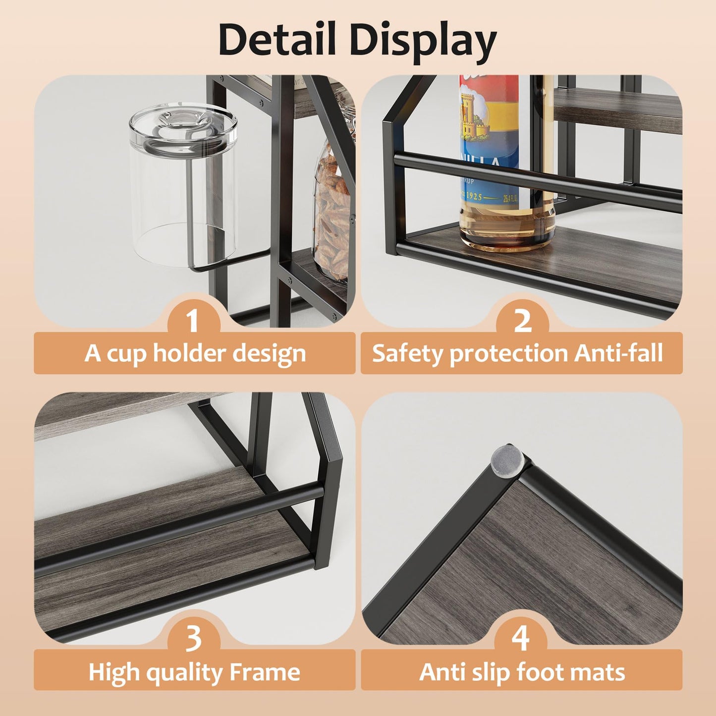 Vantimo Coffee Syrup Rack Organizer, 3 Tier Countertop Storage Shelves, Kitchen Storage, 12 Syrup Bottle Stand Holder for Wine, Liquor, Kitchen Coffee Station Organizer Rack, 13.8"x13.4"x13.0", Grey