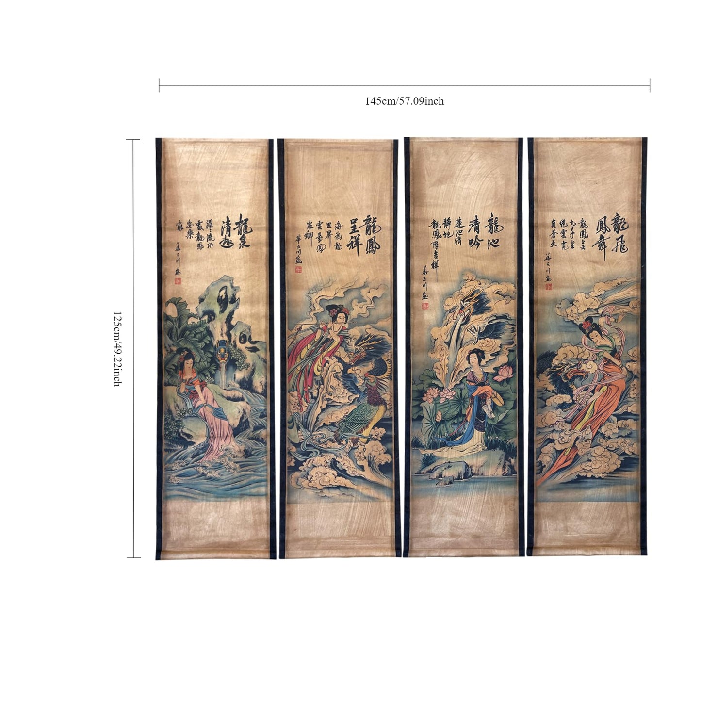 CIFIBIFUN Dragon Geisha Beauty Japan Style Ancient Replica Wall Poster Painting, Wooden Hanging Scroll, for Walls Print Decor (14"x49"x4PCS)