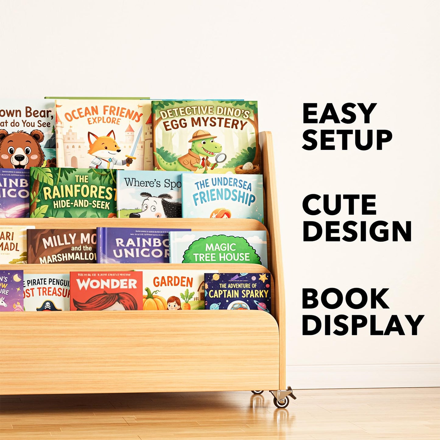 SpaceAid Double-Sided Mobile Bookshelf, Montessori Bookcase for Toddlers, Wooden Book Storage Organizer Shelf Furniture for Kids Rooms, Playroom, Nursery and Classroom, 29.5“ Wide 4-Tier, Natural