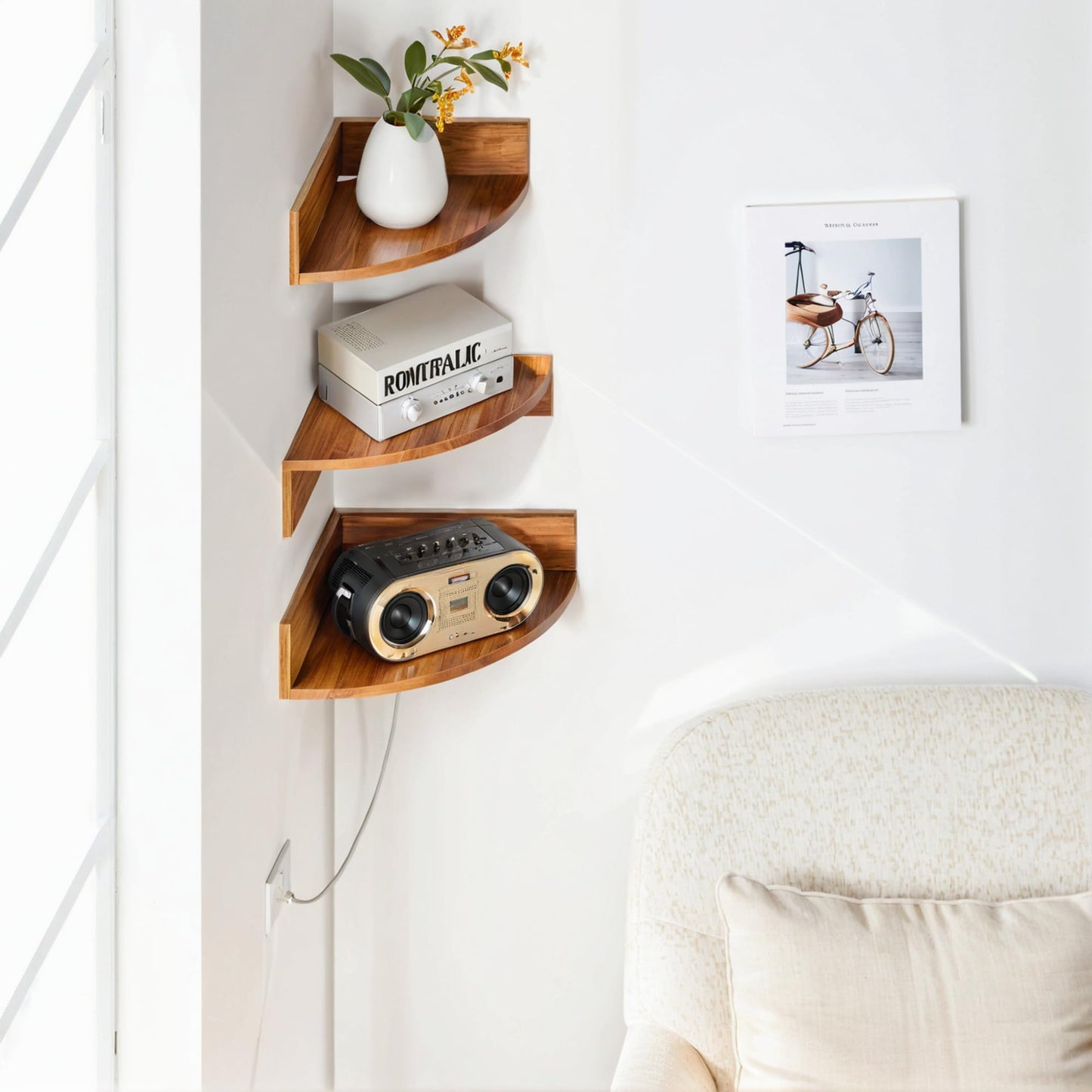Demigo Corner Shelf Wall Mount Set of 3, Solid Acacia Wood Round Floating Corner Shelves for Storage and Display, Hanging Wood Shelves for Bedroom, Kitchen, Living Room, Bathroom (Brown)