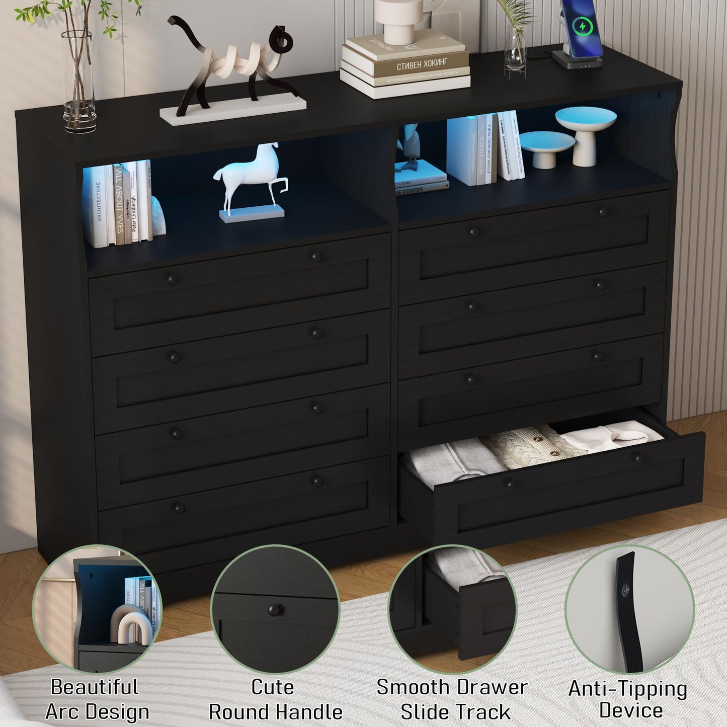 Garvee 8 Drawer Wooden Dressers for Bedroom with LED Lights, Charging Station & Open Shelf, Black Wood Chest of Drawers, Farmhouse TV Stand Dresser for Living Room, Hallway, Entryway Fit 65 inch TV