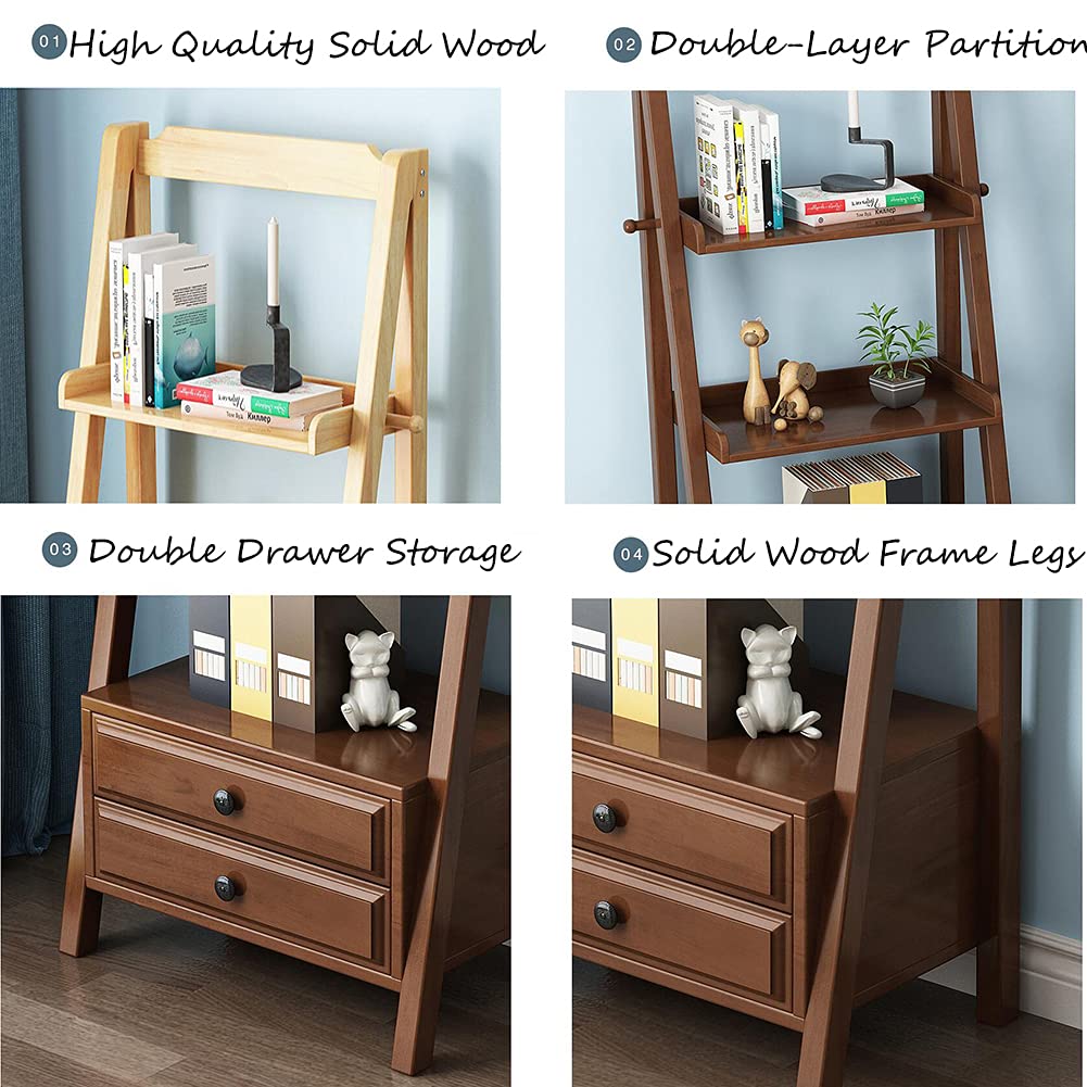 Wddwymll 2-Tier Ladder Shelf Industrial Bookcase,Storage Display Shelving with Drawer and 2 Shelves,Leaning Rustic Bookcases,for Living Room,Bedroom,Office(60×35×140cm)