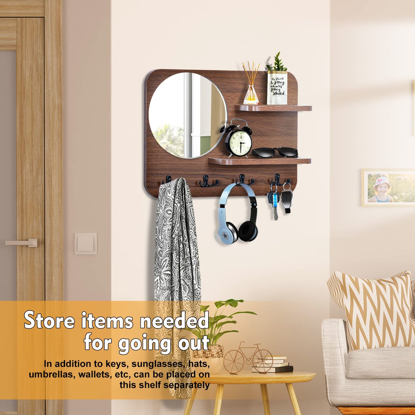 YeadCedle Coat Rack with Shelf Rustic Wooden Wall Mounted Hanging Coat Rack with Mirror Shelves and 4 Double Hooks Decorative Entryway Hook Shelf for Hallway Living Room Bedroom 16"x12" (Brown S)