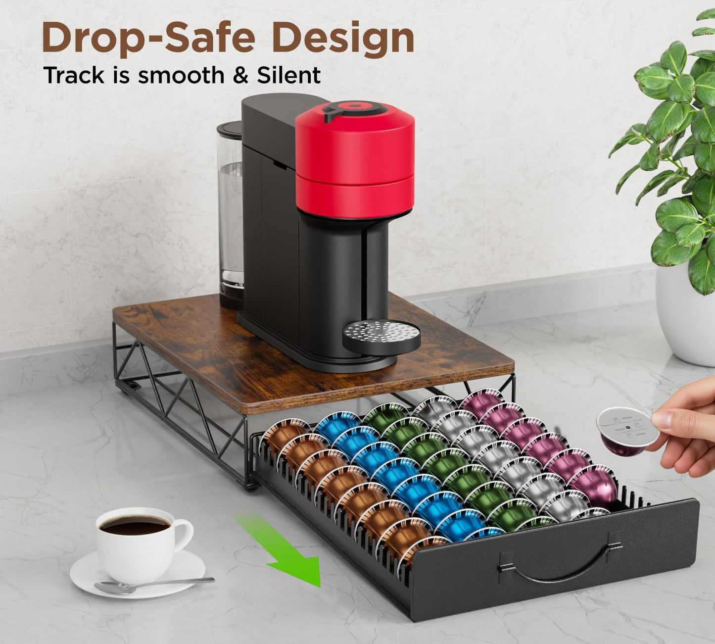 HFHOME Vertuo Pod Holder, Compatible for Nespresso Vertuoline 40 Big or 60 Small Capsules, Wooden Top and Mesh Shelves, Kitchen Counter Coffee Bar Station Organizer with Sliding Drawer, Rustic Brown
