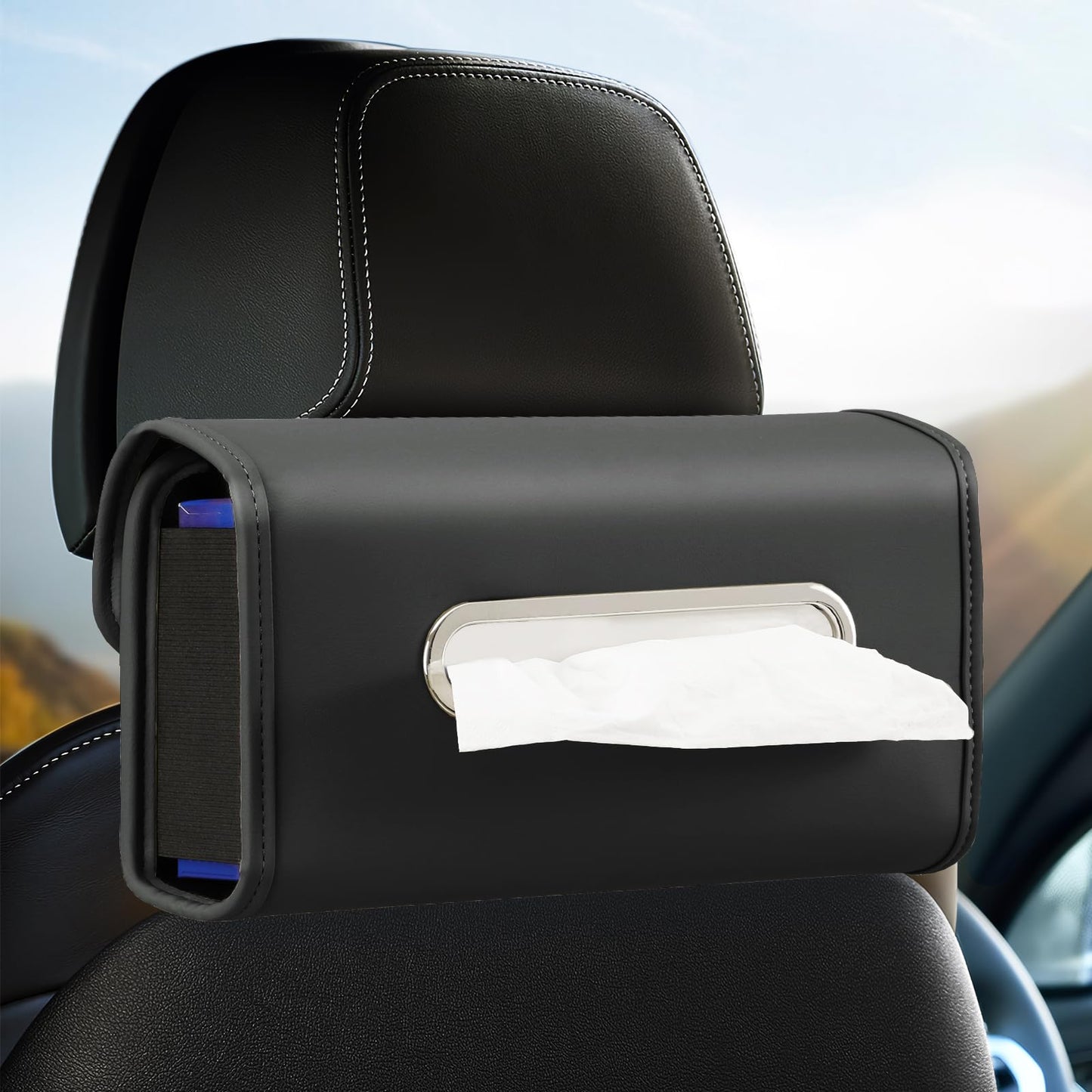 Car Tissue Holder, WHHMK Tissue Box Cover Keep Car Tidy, Premium PU Leather Backseat Napkin Rectangle Organizer, Extra Large Tissue Box Storage in Auto Fits for 100-150 Regular Size Tissues, Black