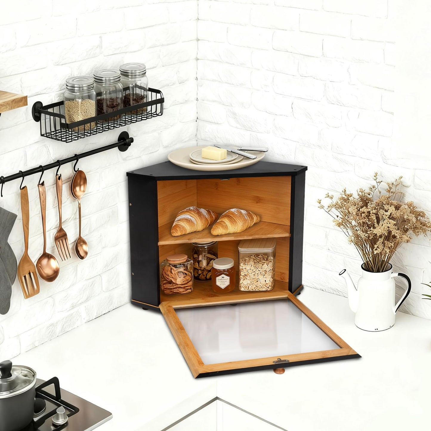 Bamboo Corner Bread Box for Kitchen Countertop - Double Layer Bread Storage with Clear Window, Black Wooden Bread Keeper Organizer for Homemade Bread, Under Cabinet Mount, Fits Countertop & Pantry