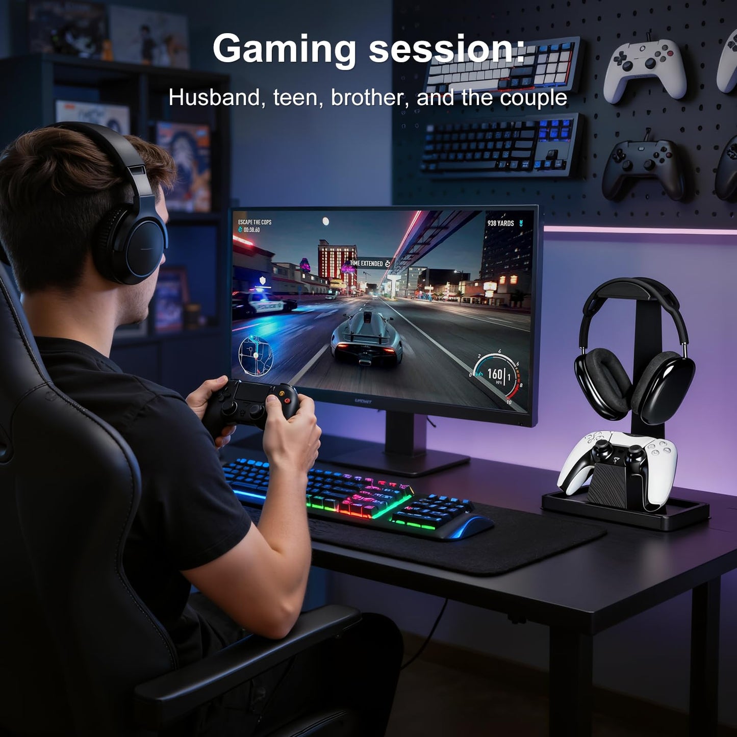 UPERGO Solid Wood Gaming Headset Stand with Controller Holder - Creative Gift for Teens, Boyfriends, Brothers, and Gamers - Desktop Organization and Decoration