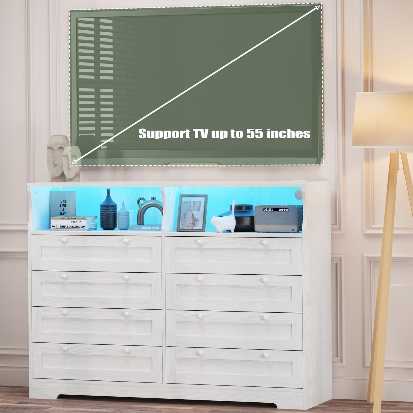GAOMON 8 Drawer Wooden Dressers for Bedroom with Power Outlet and LED Lights, White Wood Chest of Drawers with Deep Drawer, Modern Wide TV Stand Dresser for 55" TV for Bedroom, Living Room, Hallway