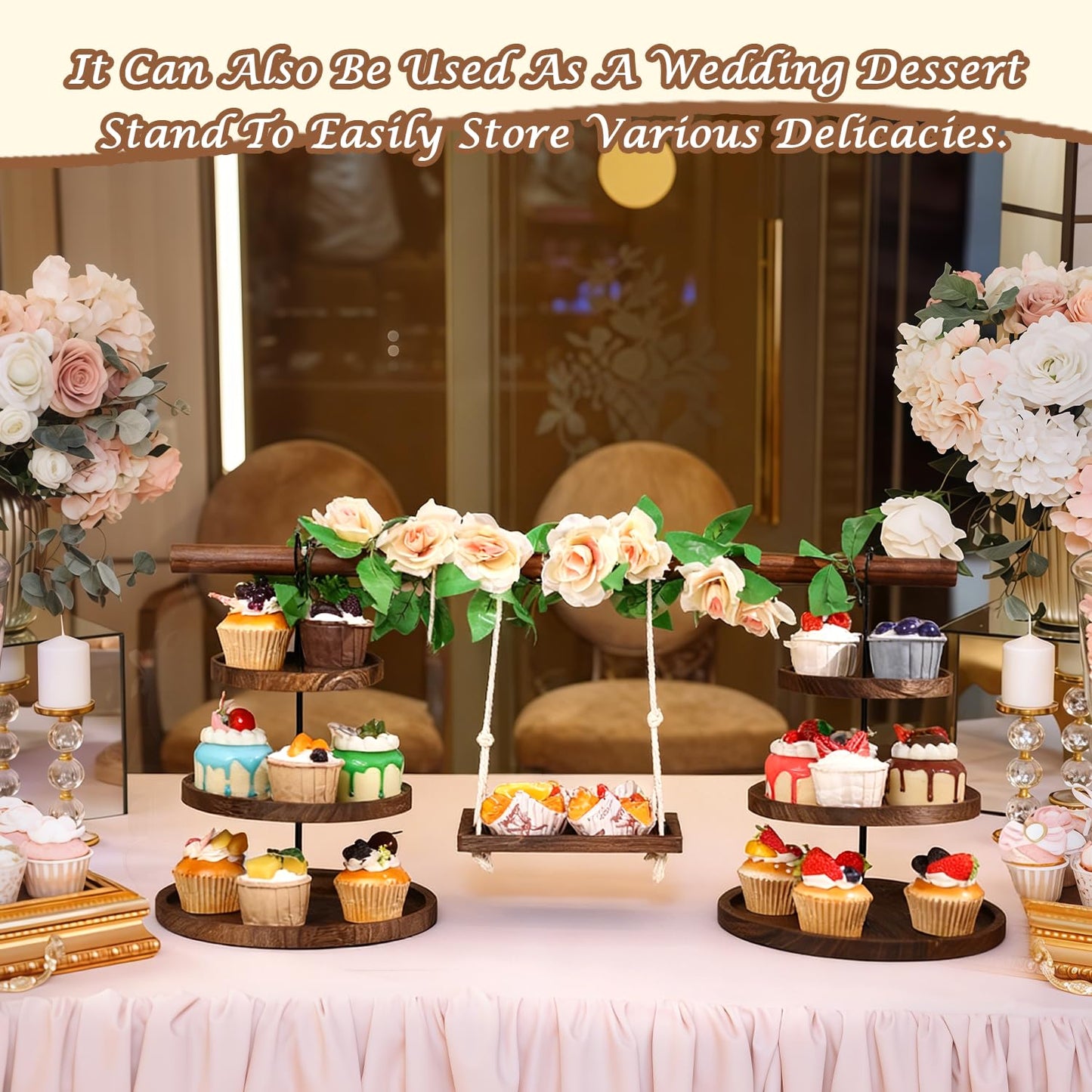 Wooden 3 Tier Cupcake Stand with Swing and Rose Vines Decor, Dessert Table Display Set Removable Serving Tray Cupcake Tower Centerpiece for Tea Party Birthday Baby Shower Wedding