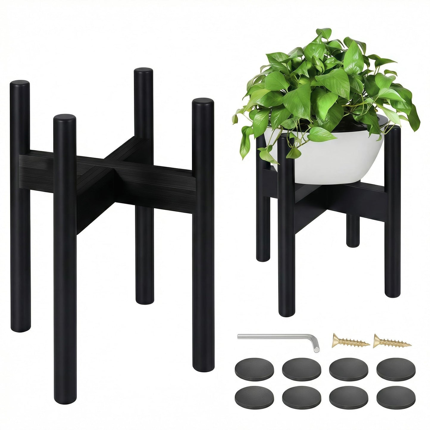 BESHOF 2 Pack Bamboo Plant Stands, Adjustable Plant Stand Indoor, Mid Century Modern Plant Stand, Plant Holder for Living Room, Balcony Fits 8 to 12 Inches Pots (Black)