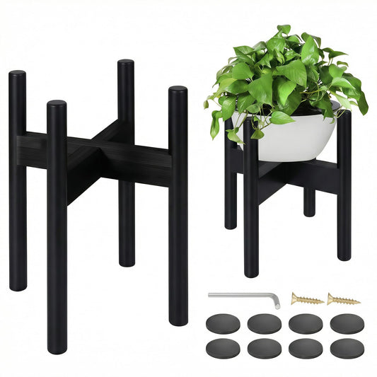 BESHOF 2 Pack Bamboo Plant Stands, Adjustable Plant Stand Indoor, Mid Century Modern Plant Stand, Plant Holder for Living Room, Balcony Fits 8 to 12 Inches Pots (Black)