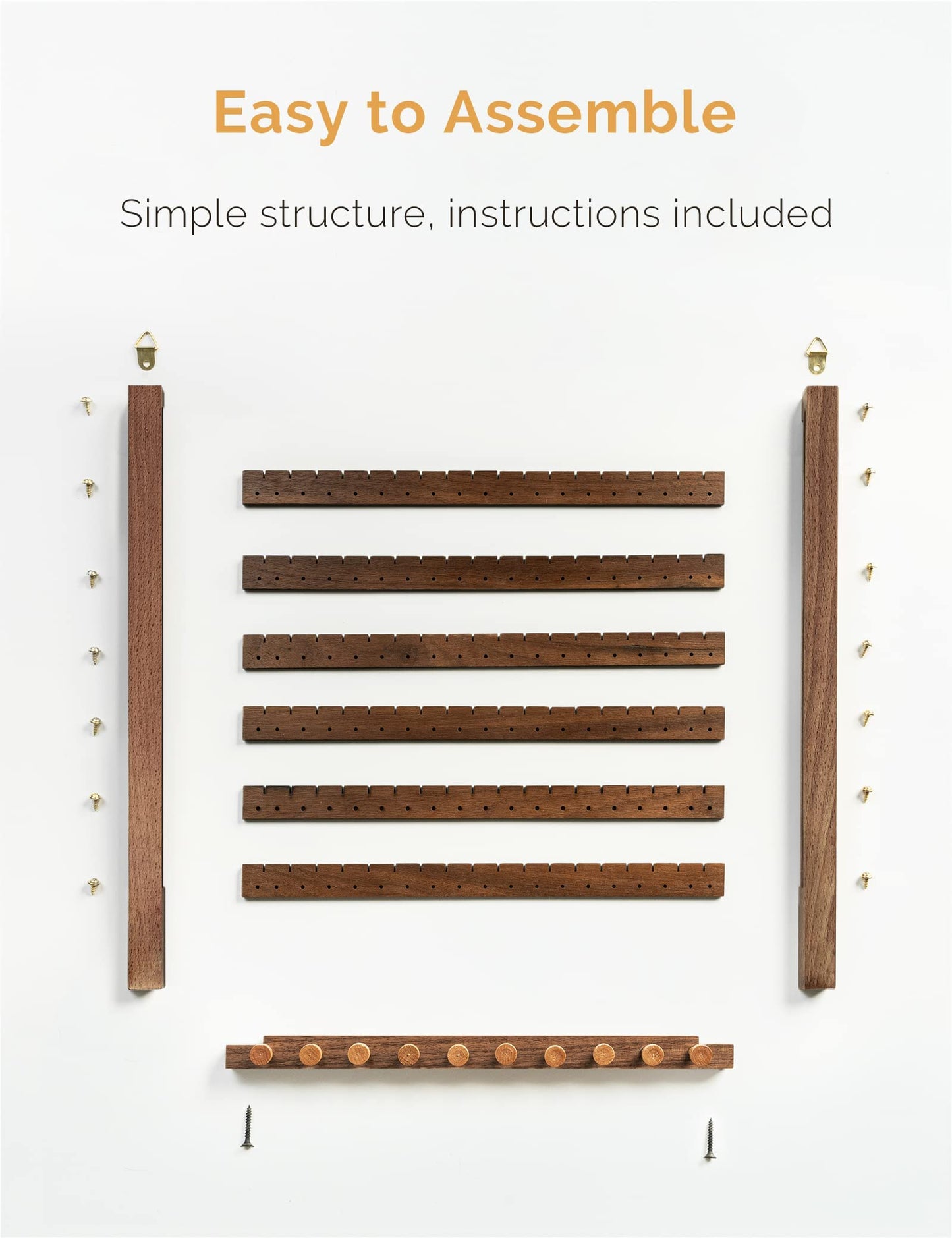 Mymazn Easy Assemble Solid Walnut Wood Earring Wall Holder Hanging Jewelry Organizer Necklace Holder Earring Hanger Wall Mount Jewelry Organizer for Necklaces Rings Scruncies Organization