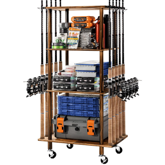 Ghosthorn Fishing Rod Holders Fishing Pole Rack for Garage Hold up to 10 Rods Wooden Fishing Pole Holders Organizer Fishing Rod Rack Fishing Gear Storage Equipment(Carbonization，4 Tier)